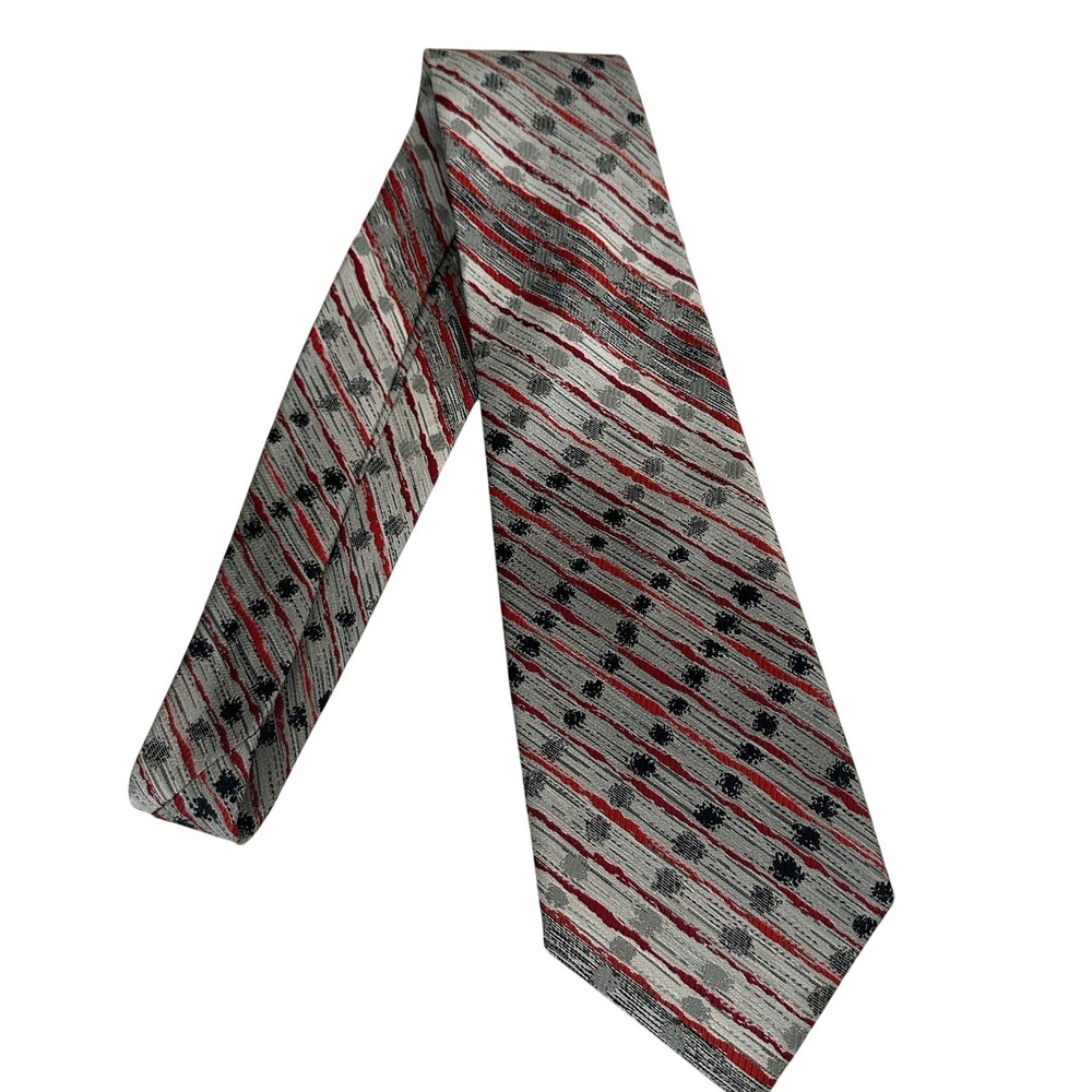 Gino Pompeii Mens‎ Tie Silver Red Black Geometric Striped Woven Made in Italy